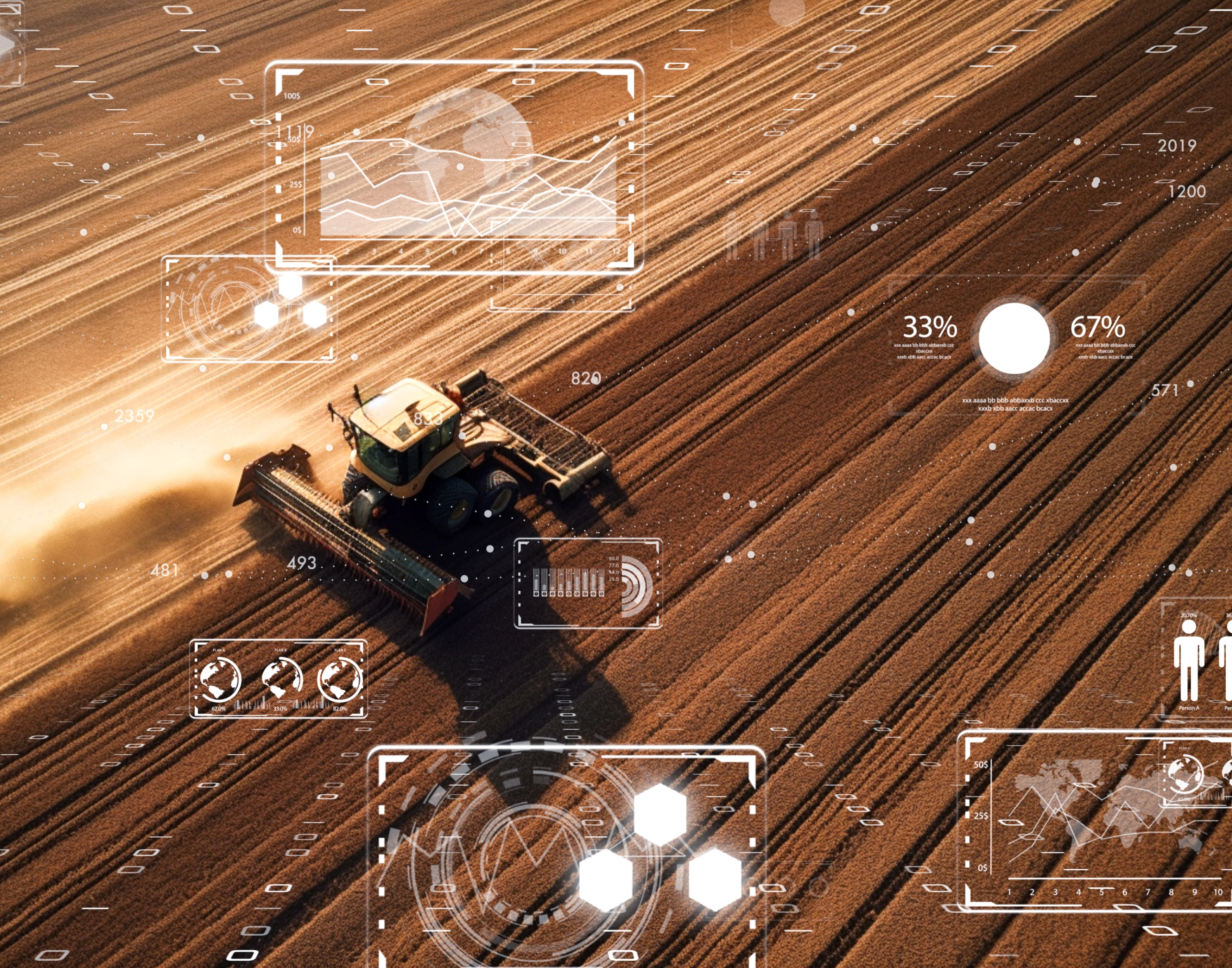Wheat field with agricultural technology overlay